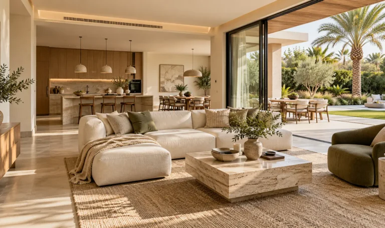 Modern villa living room with cream seating, travertine finishes and an open-plan kitchen overlooking a garden.