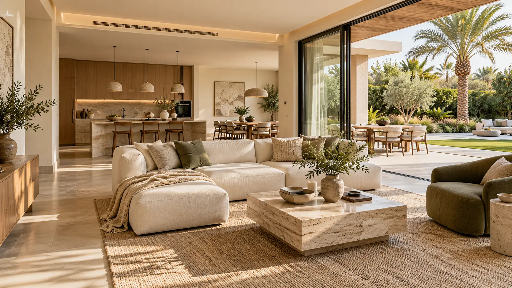 Modern villa living room with cream seating, travertine finishes and an open-plan kitchen overlooking a garden.